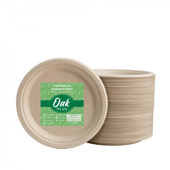 glitzhome Oak PLUS 9 inch Natural Compostable & Disposable Sugarcane Plates 300 Pack