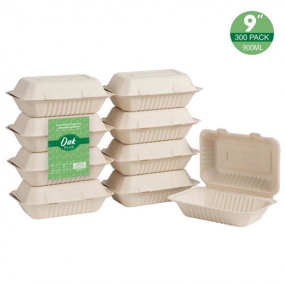 glitzhome Oak PLUS 9 inch Natural Compostable & Disposable Sugarcane Clamshell Containers 300 Pack