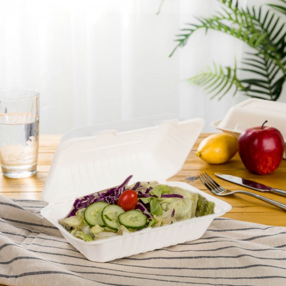 Glitzhome Oak PLUS 9 Inch White Compostable & Disposable Sugarcane Clamshell Containers 300 Pack