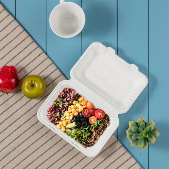 Glitzhome Oak PLUS 9 Inch White Compostable & Disposable Sugarcane Clamshell Containers 300 Pack