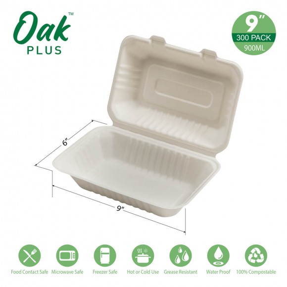 Glitzhome Oak PLUS 9 Inch White Compostable & Disposable Sugarcane Clamshell Containers 300 Pack