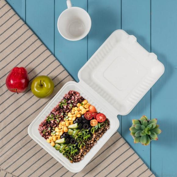 Glitzhome Oak PLUS 9 Inch White Compostable & Disposable Sugarcane Clamshell Containers 300 Pack