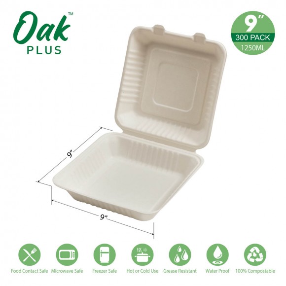 Glitzhome Oak PLUS 9 Inch White Compostable & Disposable Sugarcane Clamshell Containers 300 Pack