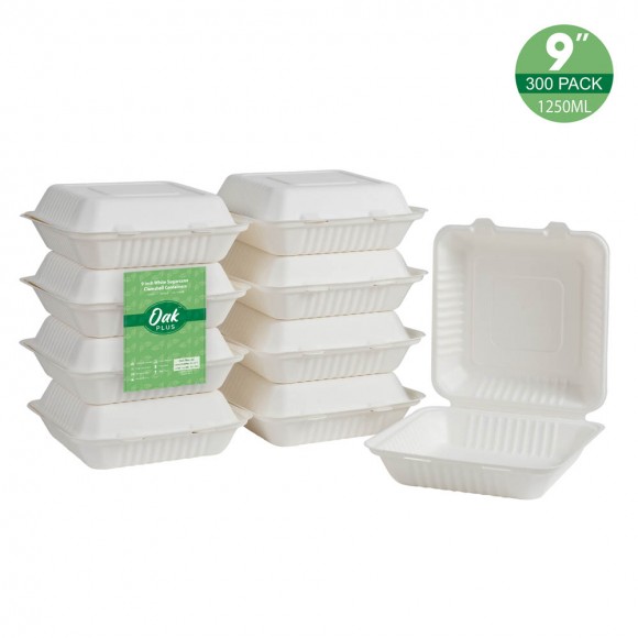 glitzhome Oak PLUS 9 inch White Compostable & Disposable Sugarcane Clamshell Containers 300 Pack