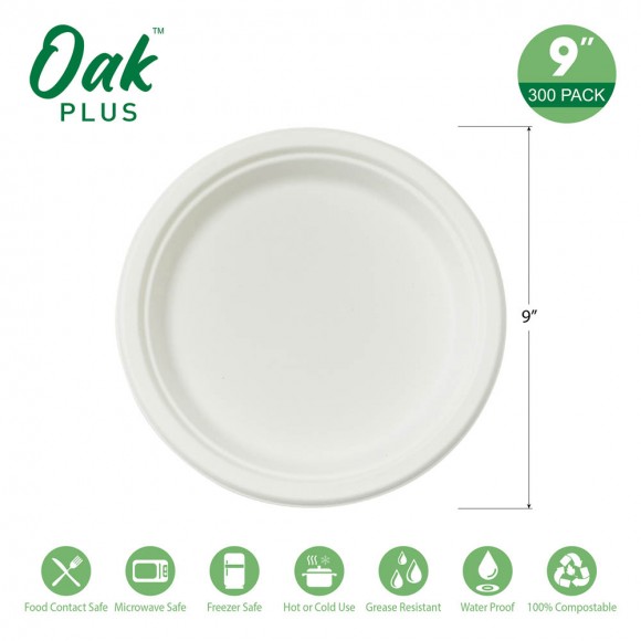 Glitzhome Oak PLUS 9 Inch White Compostable & Disposable Sugarcane Plates 300 Pack