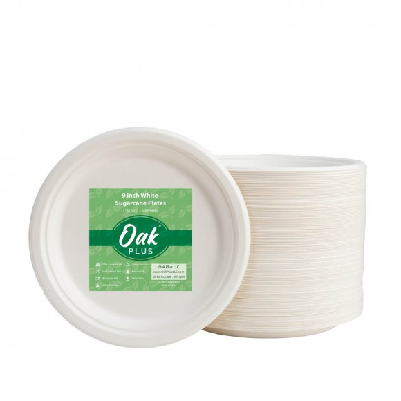 glitzhome Oak PLUS 9 inch White Compostable & Disposable Sugarcane Plates 300 Pack