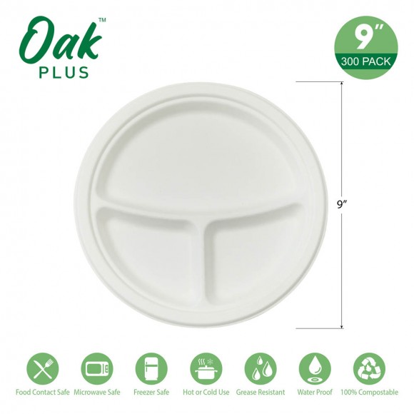 Glitzhome Oak PLUS 9 Inch White Compostable & Disposable Sugarcane Sectional Plates 300 Pack