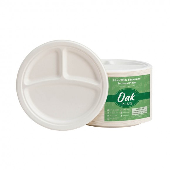glitzhome Oak PLUS 9 inch White Compostable & Disposable Sugarcane Sectional Plates 300 Pack