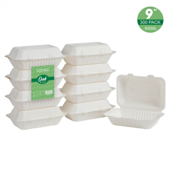 glitzhome Oak PLUS 9 inch White Compostable & Disposable Sugarcane Clamshell Containers 300 Pack