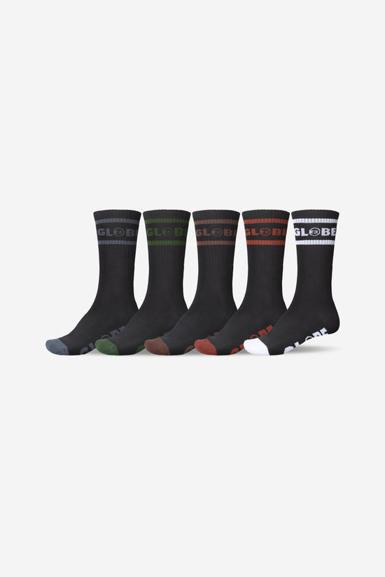 globe Tilt Hi Crew Sock 5 Pack - Black/Assorted