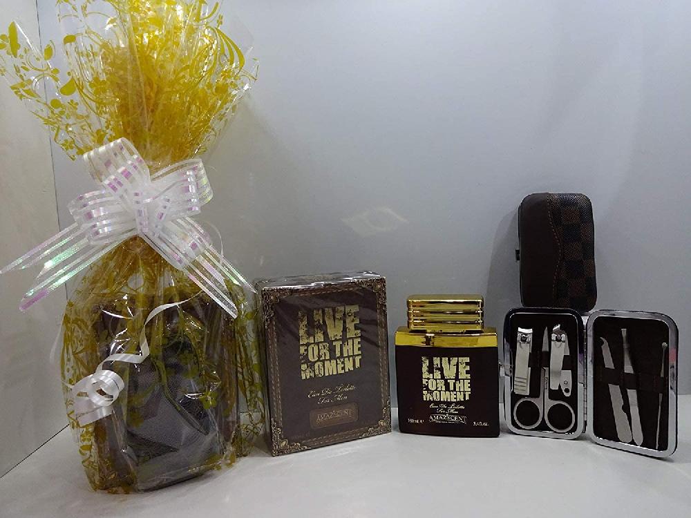 globe trotter Dad's Day Gift Live For The Moment edt For Men 100ml Amazscent Sensational Fragrance For Him In Gift Hamper + Free Manicure Set For Him Gift Wrapped Gift Hamper For Father