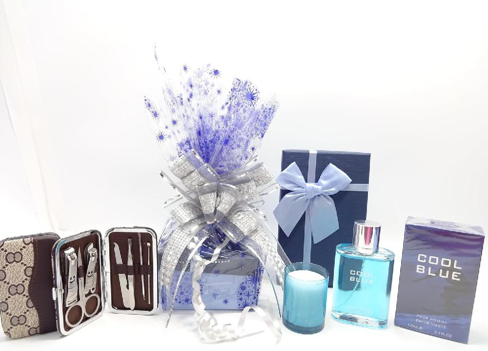 globe trotter Father Day Gift Luxury Men's Gift Set For Him Gift Hamper For Men Cool Blue 100ml EDT For Men 6pc Mens Manicure Set Tool Kit Scented Candle Gift Box For Men