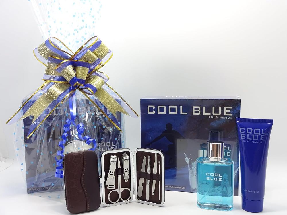 globe trotter Father's Day Hamper Cool Blue 2pc Perfume Gift Set (Inspired By Cool Water) 100ml EDT and 130ml Luxury Shower Gel + Manicure Set For Him Gift Wrapped