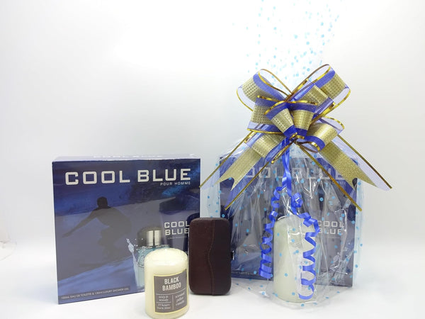 Globe Trotter Father's Day Hamper Luxury Gift For Dad Cool Blue 2pc Shower Gel & Perfume Gift Set Manicure Set Scented Candle Gift Wrapped