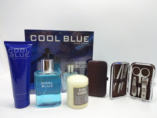 Globe Trotter Father's Day Hamper Luxury Gift For Dad Cool Blue 2pc Shower Gel & Perfume Gift Set Manicure Set Scented Candle Gift Wrapped
