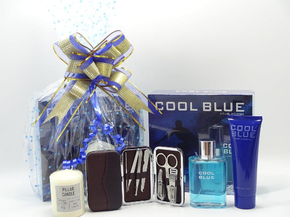 globe trotter Father's Day Hamper Luxury Gift For Dad Cool Blue 2pc Shower Gel & Perfume Gift Set Manicure Set Scented Candle Gift Wrapped