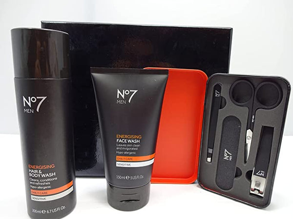 Globe Trotter Fathers Day Gift - Glory Cosmetics No7 Men's Luxury Gift Set No7 Men Enegising Hair & Body Wash No7 Men Energising Face Wash No7 Grooming Kit Gift Box Hamper