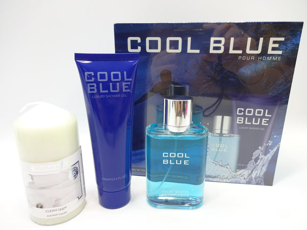 Globe Trotter Fathers Day Gift - Men's Perfume Gift Hamper 2pc Cool Blue Perfume Set 100ml EDT And 130ml Luxury Shower Gel Gift Wrapped Gift Hamper Plus Free Candle Included