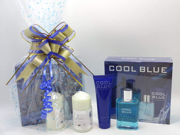Globe Trotter Fathers Day Gift - Men's Perfume Gift Hamper 2pc Cool Blue Perfume Set 100ml EDT And 130ml Luxury Shower Gel Gift Wrapped Gift Hamper Plus Free Candle Included