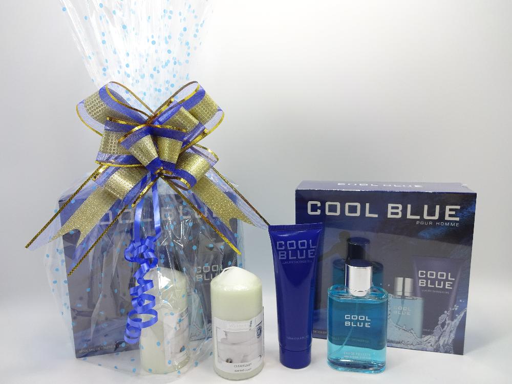 globe trotter Fathers Day Gift - Men's Perfume Gift Hamper 2pc Cool Blue Perfume Set 100ml EDT and 130ml Luxury Shower Gel Gift Wrapped Gift Hamper Plus Free Candle Included