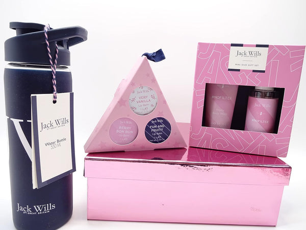 Globe Trotter Jack Wills Gift Box Hamper Ladies Mini Duo Fruity Body Spray & Body Wash Gift Set Jack Wills Lip Balm Trio Jack Wills Blue Water Bottle