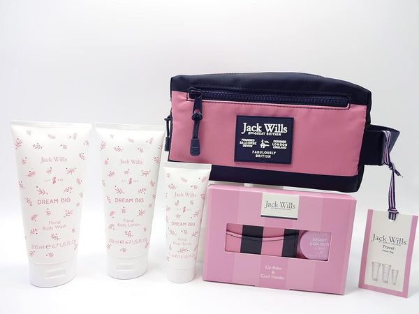 Globe Trotter Jack Wills Travel Bag Gift Set - Includes Floral Scented Body Wash Spray & Soap Jack Wills Card Holder & Lip Balm Ladies Gift Set Gift Hamper