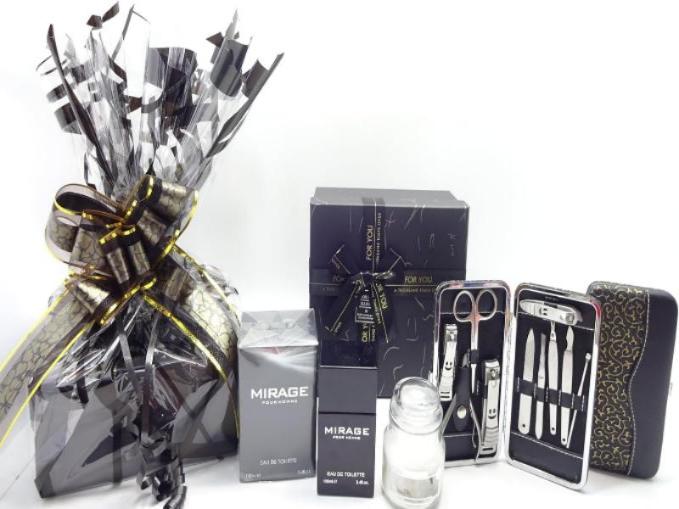 globe trotter Luxury Father's Day Hamper For Dad Mirage 100ml EDT For Men Scented Candle 10pc Manicure Tool Kit Gift Hamper For Men