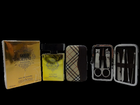 Globe Trotter Luxury Fathers Day Gift Box For Men - GOLD FORTUNE POUR HOMME 100ML EAU DE TOILETTE FOR MEN (SENSATIONAL FRAGRANCES) + 7cs Stainless Steel Nail Care Personal Manicure Kit In Gift Box