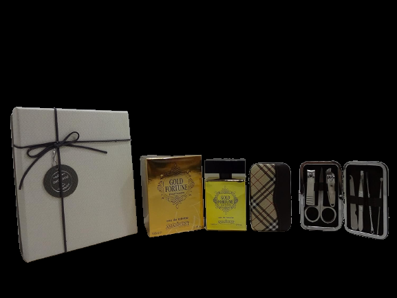 globe trotter Luxury Fathers Day Gift Box For Men - GOLD FORTUNE POUR HOMME 100ML EAU DE TOILETTE FOR MEN (SENSATIONAL FRAGRANCES) + 7cs Stainless Steel Nail Care Personal Manicure Kit In Gift Box