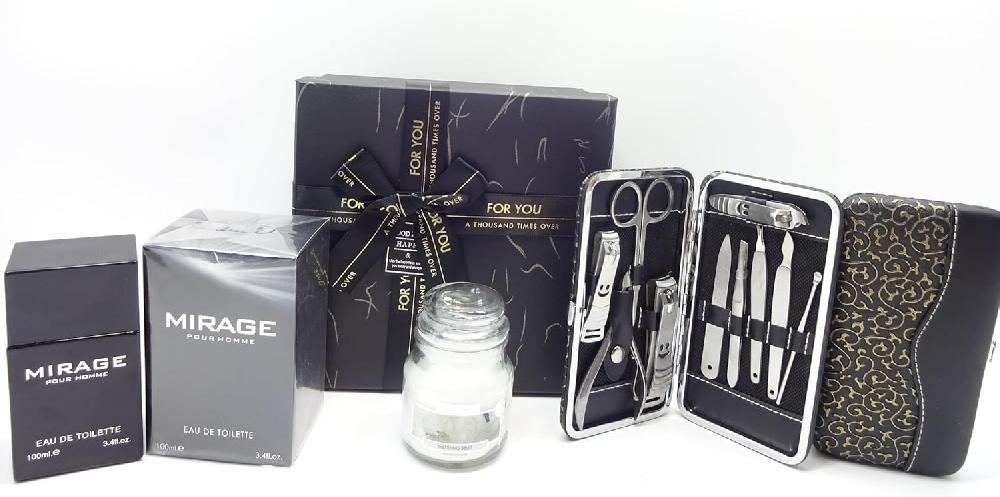 globe trotter Luxury Fathers Day Gift Set For Men Mirage 100ml EDT For Men Scented Candle 10pc Manicure Tool Kit Gift Set For Him