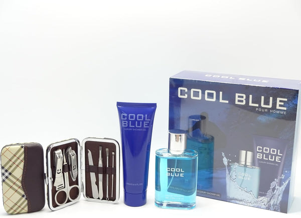 Globe Trotter Luxury Gift Set For Him Cool Blue 2pc Perfume Gift Set (Inspired By Cool Water) 100ml EDT And 130ml Luxury Shower Gel Manicure Set Gift Wrapped Gift Hamper For Men