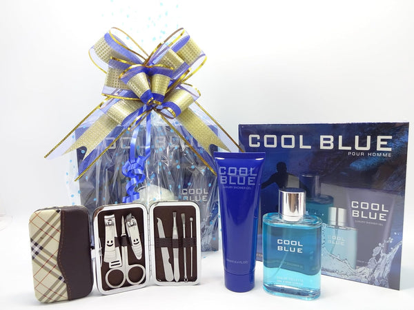 Globe Trotter Luxury Gift Set For Him Cool Blue 2pc Perfume Gift Set (Inspired By Cool Water) 100ml EDT And 130ml Luxury Shower Gel Manicure Set Gift Wrapped Gift Hamper For Men