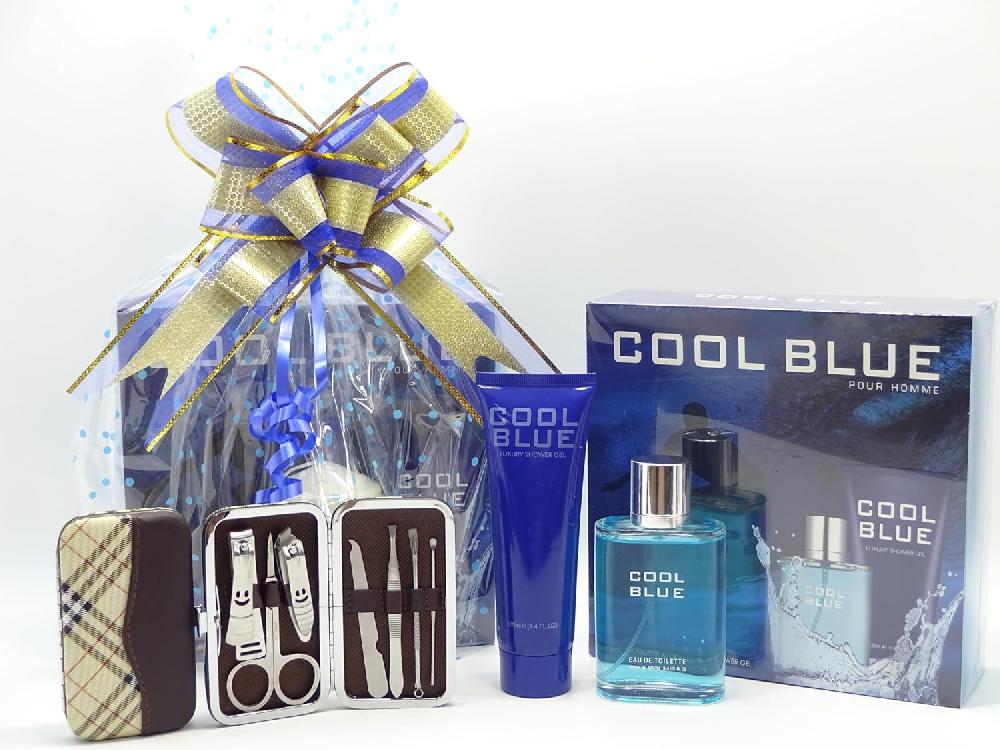 globe trotter Luxury Gift Set For Him Cool Blue 2pc Perfume Gift Set (Inspired By Cool Water) 100ml EDT and 130ml Luxury Shower Gel Manicure Set Gift Wrapped Gift Hamper For Men