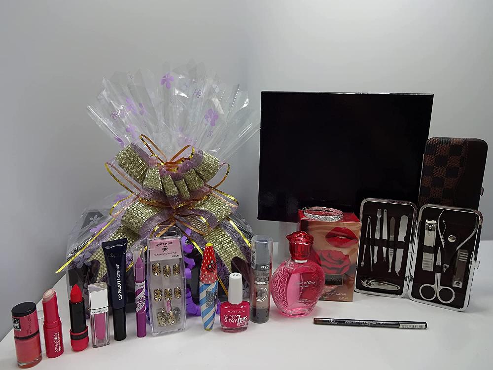 globe trotter Make Up Bundle Gift Hamper For Her Perfume Nails Manicure Tool Set Make Up + Crystal Bracelet
