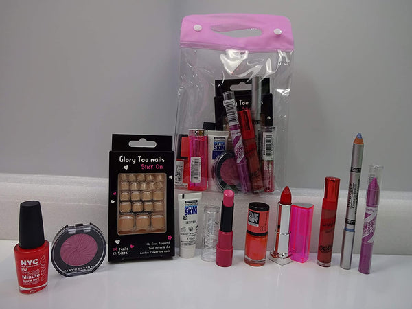 Globe Trotter Make Up Gift Hamper For Her - Mix Brands Foundation Transparent Make Up Bag