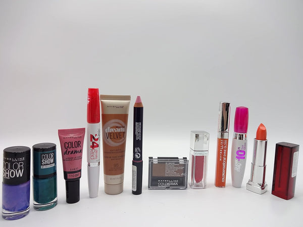 Globe Trotter Maybelline 10pc Make Up Beauty Box Gift Set For Her Nail Polish Lip Gloss Foundation Eye Shadow Lipstick Set + Free 24h Lipstick