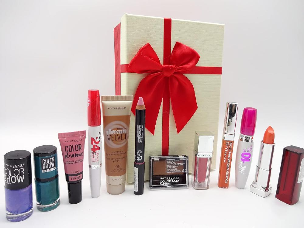 globe trotter Maybelline 10pc Make Up Beauty Box Gift Set For Her Nail Polish Lip Gloss foundation Eye Shadow Lipstick Set + Free 24h Lipstick