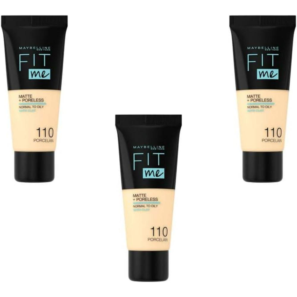 globe trotter Maybelline 110 Porcelain Fit Me Foundation Matte + Poreless Make-Up Mattifying and Pore Refining All Skin Types 3 Pack (3x 30ml)
