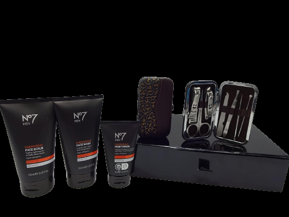 Globe Trotter No7 Men Luxury Father's Day Gift Box Gift Hamper For Dad No7 Energising Face Wash No7 Energising Face Scrub No7 Energising Moisturiser Free 7Pcs Stainless Steel Nail Care Manicure & Pedicure Kit