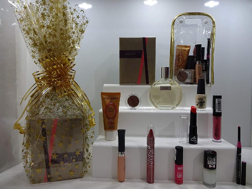 globe trotter Perfume & Make Up Gift Hamper - Adore 100ml Perfume + 10pc Make Up + Transparent Make Up Bag