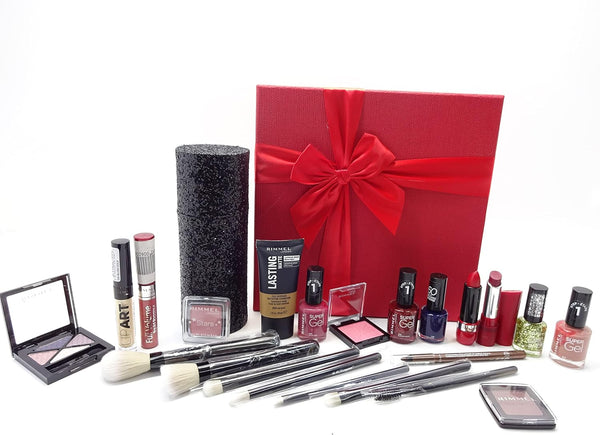 Globe Trotter Rimmel London Make Up Glam Gift Set 15 Piece Make Up Bundle + Luxury Kabuki Brush Set Gift Hamper For Her