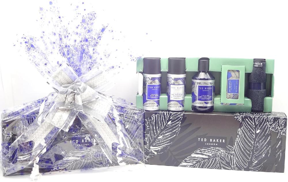 globe trotter Ted Baker Gift Hamper For Boyfriend Hair & Body Sterling Blue Collection with Topline Thank You Card