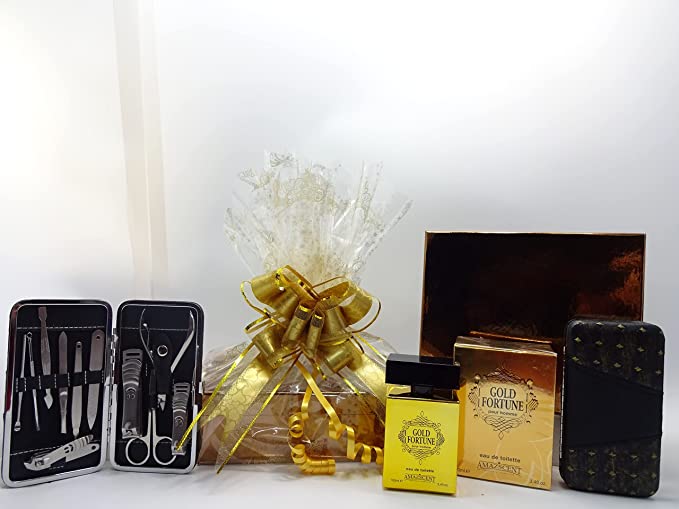 globe trotter Unique Fathers Day Gift For Dad Gold Fortune EDT AMAZSCENT 100ml EDT For Men & Luxury Manicure Tool Kit Gift Wrapped Gift Hamper
