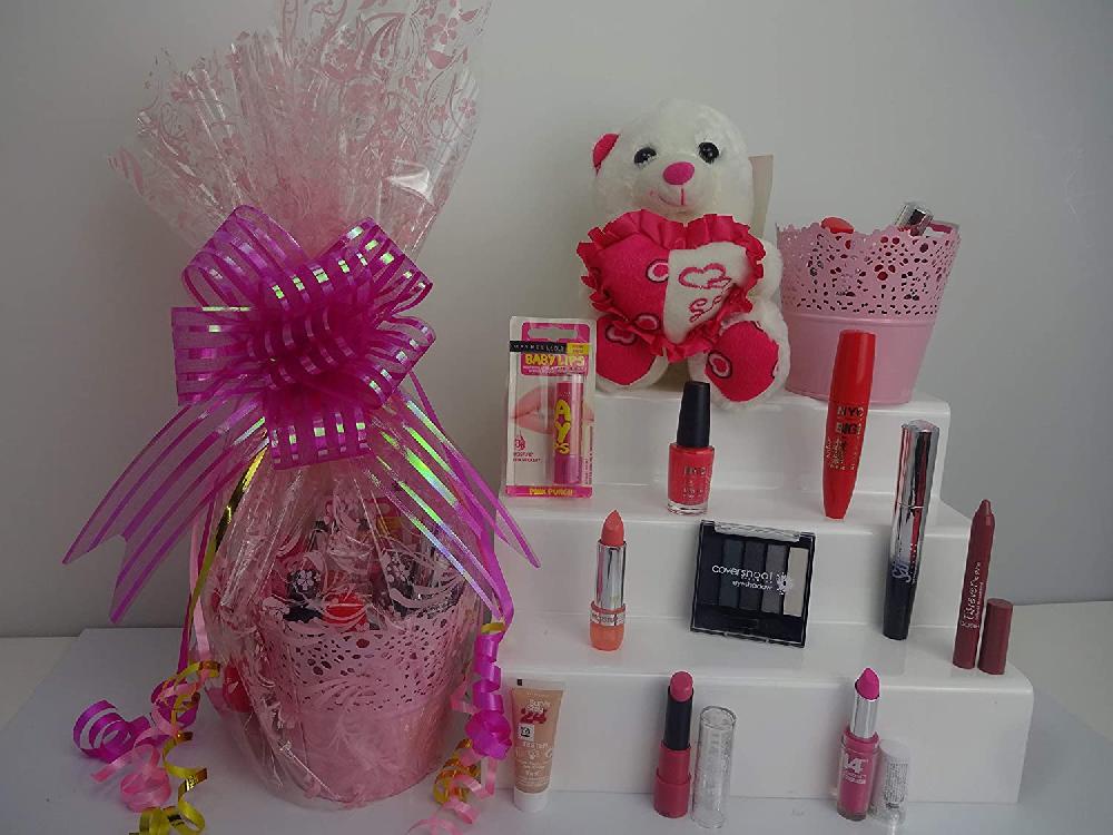 globe trotter Valentines Gift Soft I Love You Talking Teddy Bear & Mix Make Up Products + Gift Valentines Special Gift Hamper
