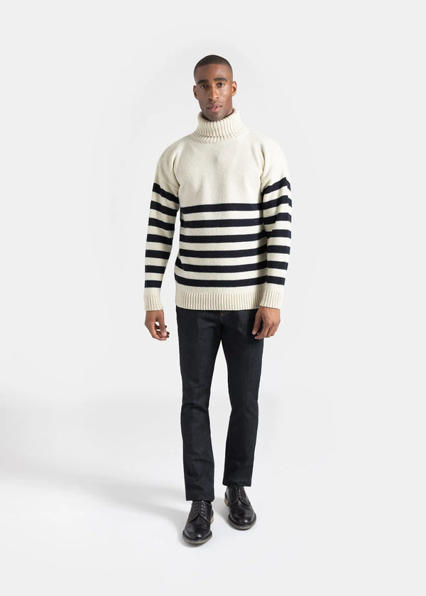 Gloverall Men's Breton Submariner Jumper Ecru With Navy Stripes