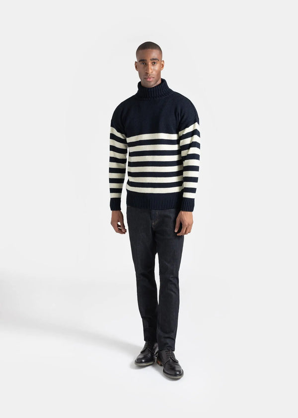 Gloverall Men's Breton Submariner Jumper Navy With Ecru Stripes