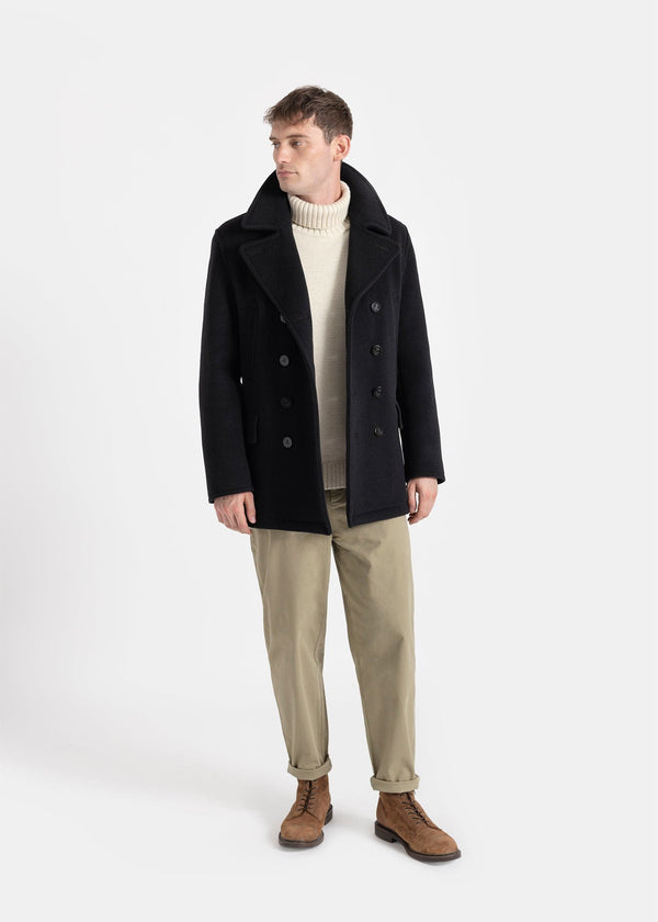 Gloverall Men's Churchill Peacoat With Tartan Reverse Black Stewart