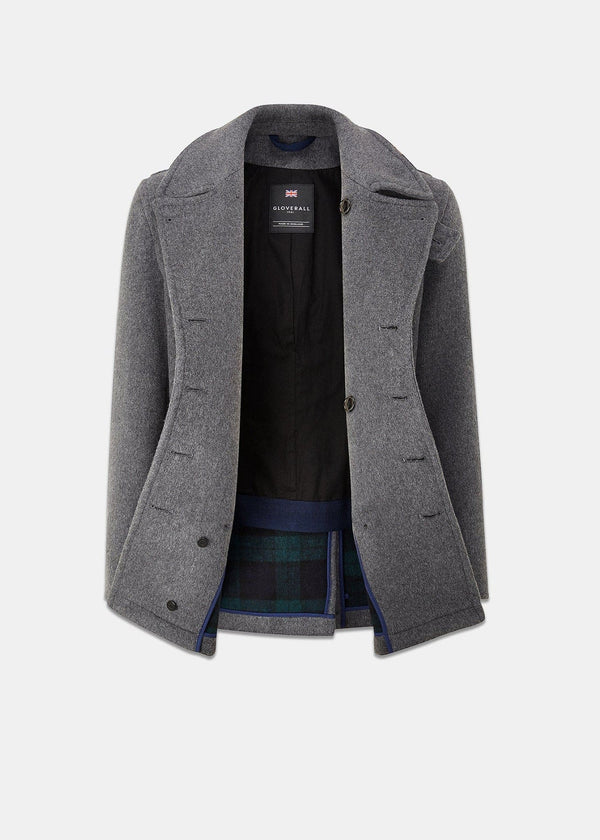 Gloverall Men's Churchill Peacoat With Tartan Reverse Grey Black Watch