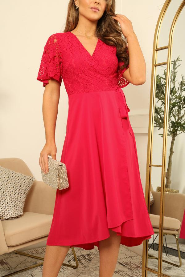 Goddiva Angel Sleeve Lace High Low Hem True Wrap Dress By Double Second