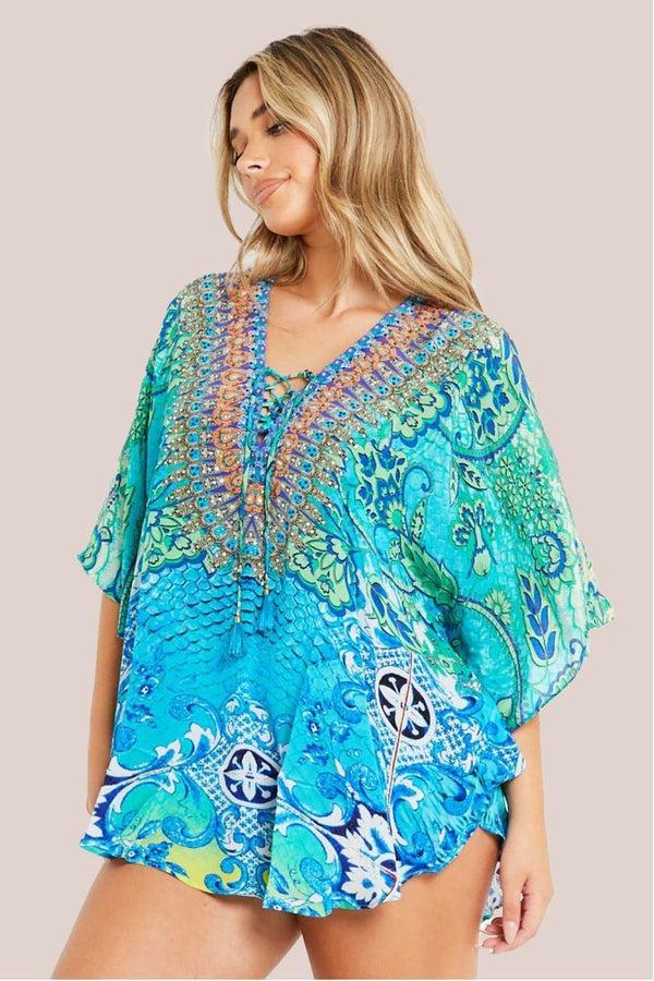 Goddiva Aqua Blue Floral Short Beach Dress Kaftan By Aftershock London